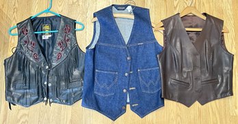 3 Pcs Quality Ladies Motorcylce Riding Vests - Gypsy Leather With Fringe, Wrangler Denim And Brown Leather