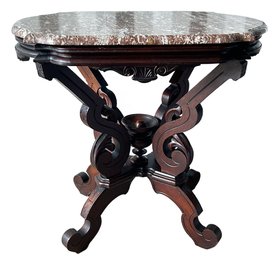 Antique Victorian Brown Marble Top Carved Walnut Parlor Table With Figured Top, 28' X 19.5' X 27'H