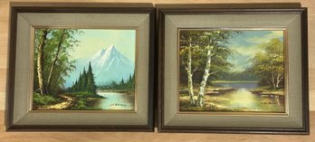 2 Pcs Like Framed Signed Original Oil Paintings On Canvas, Mountain Scene And Lake Scene, 13.25' X 11.25