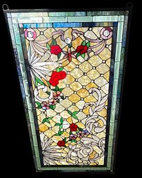 Vintage Stained Leaded Glass Window With Floral Design, Metal Frame & Hanging Hooks, 27.5' X 52'H