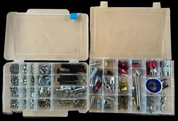 3 Plastic Bins Filled With Pneumatic Fitting, Fasteners And More, As Pictured