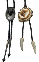 2 Pcs Southwestern Bolos -Carved Antler Signed 'DK' And 3-D Pewter Ram's Head Signed Sid Bell Tully NY