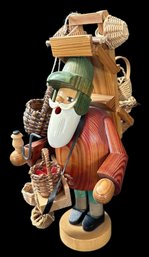 Carved Wooden Figure - Basket Maker With Wares - Made In Germany - 9' High