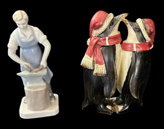 Two Figurines: Blue Danube China Blacksmith & Resin Pair Of Penguins