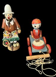 Pair Of Wood Figures - German Made Christmas Decoration Maker & Child's Pull Toy