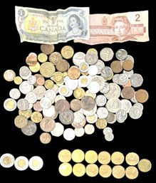Lot Of Foreign Coins - 1 Lb 13 Oz - Includes 3 Canada 2$ Coins And 13 Canada 1$ Coins  & 2 Canada Bills