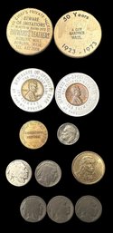 Lot Of Assorted Numismatic Items: 2 Wood Nickels - 2 Bank Good Luck Penny Tokens - 1 Silver Dime Etc.