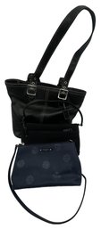 3 Ladies Purses -Black Leather Coach, Black Fabric Coach And Navy Iridescent Kate Spade, As Pictured