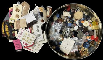 Vintage Lithographed Tin Full Of Vintage Sewing Notions - Buttons, Fancy Scissors And More