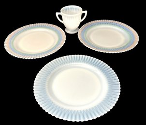 4 Pieces Of MacBeth-Evans Petalware - 2 Pastel Band Pattern - 1 Plain - Plus A Sugar Bowl