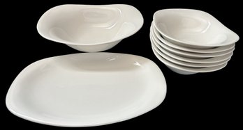 8 Pcs Vintage Off-White Oval Ceramic Serving Set - Master Bowl, 6-Individual Bowls, And Serving Platter