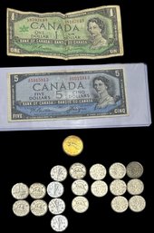 Canada Lot Of 2 Bills (1$ & 5$) And 19 Nickels Plus A 1$ Coin - See List And Comments On The 5$ Bill