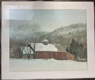 Framed Print Of A Barn In Winter - 36' X 30' - Artist Name On Print: Herb Lucas