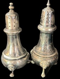 Vintage Similar Pair Sterling Silver .925 Lion Face Tri-Footed Salt & Pepper Shaker, 5'H, 127.51 Dwt
