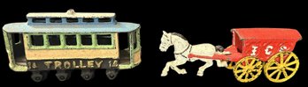 Two Cast Iron Toys: 8 Wheel Trolly And Horse Drawn Ice Wagon