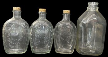 4 Pcs Vintage Bottles - 3-Log Cabin 1776 Eagle & Star Embossed Syrup W/Lids And 1/2 Gallon Thatcher Grip Milk