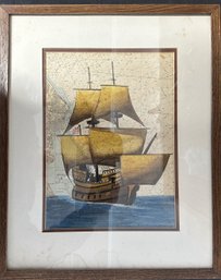 Framed Hand Colored Print Of A Ship Imposed Over A Map Background - Frame 21' X 17'