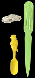 4 Advertising Pieces: Fuller Brush Letter Opener - French's Mustard Spoon - Sunoco Key Tag - Dragnet Whistle