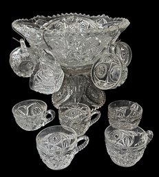 EAPG Punch Bowl On Stand With 11 Glasses - All Are Uranium Glass