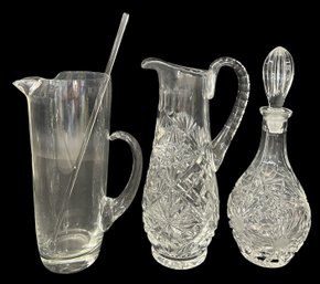 3 Pcs Quality Crystal - Martini Pitcher & Stirrer, Pitcher And 11'H Decanter With Ground Stopper