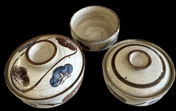 Glazed Pottery - 2 Covered Casseroles - 1 Bowl - Casserole: 9.5'D - 6' H - Casserole: 8.25'D - 4.5'H