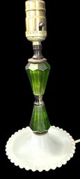 Table Lamp - Green Glass Body - Milk Glass Base - No Shade - 15' High - Works