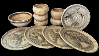 11 Pieces Of Artist Signed Pottery: Large Bowl - 5 Small Bowls - 5 Plates