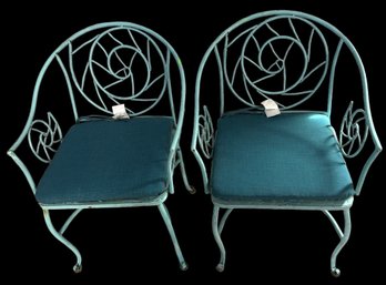 Pair Of Vintage Wrought Iron Patio Furniture In Blue With Nautilus Shell Designs - With Seat Cushions