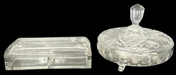 2 Pcs Vintage Mid-Century Clear Glassware - Lidded Cigarette Box And Lidded Tri-Footed Candy Dish