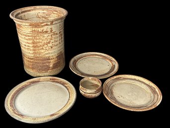 Group Of Pottery Items - All Artist Signed - Urn - Small Bowl - 3 Plates