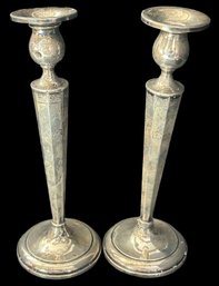 Antique Pair Sterling Silver Pitch Filled (Weighted) Single Candlestick Holders, Etched Octagon, 10-1/8'H