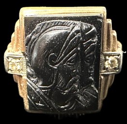 Men's 10K Gold Ring With Black Onyx Intaglio And 2 Diamonds - 4.68 Gross Dwt - Size 7-1/2
