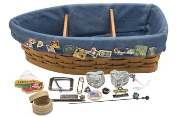 Vintage Longaberger Boat Shaped Lined Basket With Numerous Lapel Pins & More, As Pictured