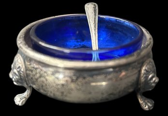 Antique Amston Sterling Silver Tri-Footed Lion's Head Master Salt W/Sterling Spoon & Cobalt Liner, 36.72 Dwt