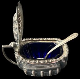 Antique 1890s Victorian Sterling Silver Mustard Pot With Cobalt Blue Liner & Sterling Spoon, 39.91 Dwt