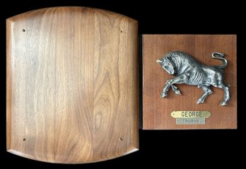 2 Pcs - Vintage 3-D Taurus Bull Wall Plaque 7' X 1.5' X 7'H, And Unused Walnut Plaque, As Pictured