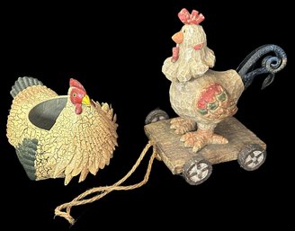 2 Pcs Country Primitive Style Chickens - Bobble-Head Pull Toy And Metal Pot, As Pictured
