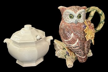 2 Pcs - Ironstone Tureen And Fitz & Floyd 1-1/2 Qt Owl Form Pitcher, 9.5'H