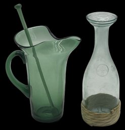 2 Pcs - Mid-Century Hand-Blown Green Glass Martini Pitcher & Stirrer And 9'H Fleur-des-Lis Carafe, As Pictured