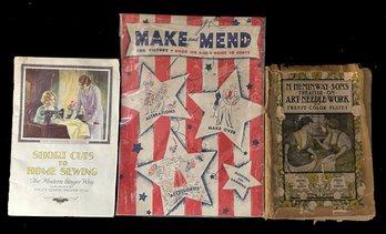 3 Pcs Vintage Pamphlet - Singer Short Cuts, Hemingway Treatise On Art Needle Work & Make & Mend Foir Victory