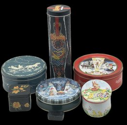 7 Pcs Vintage Tins, 5-Lithographed, 1-Tole Painted, 1-Blank