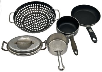 5 Pcs Cookware - Roasting Basket, Revere Sauce Pan, And Others As Pictured