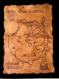 Vintage Decorative Map Embossed On Leather Of Gran Canaria OF The Canary Islands, 11' X 15'H