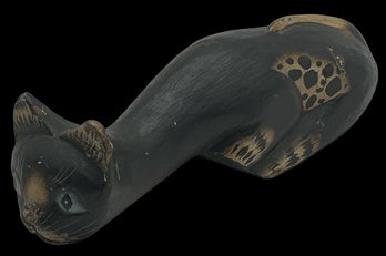 Hand Carved And Painted Wooden Primitive Style Cat, Blue Eyes, 10'L