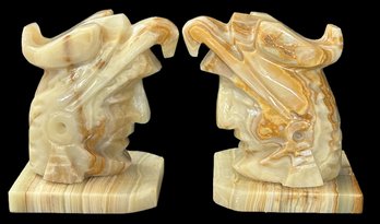 Pair Aztec Style Carved Onyx Bookends