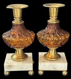 Pair Vintage Candlestick Holders With Amber Patterned Glass Fonts, Brass Accents On Marble Base, 7.25'H