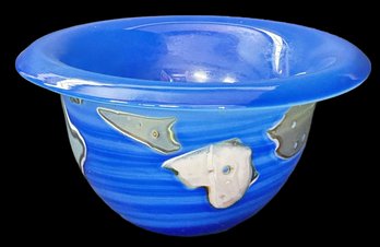 Vintage Hand-Blown Blue Art Glass Bowl, Signed 'Non Coler '82' (?), 8-1/8' Diam. X 4-1/4'H
