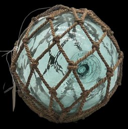 Hand-Blown Aqua Glass Rope Bound Fishing Float, Marked 'F8', 5.5' Diam.