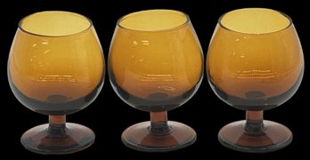 3 Pcs MCM Amber Brandy Snifters Footed Glasses, 3.25'H