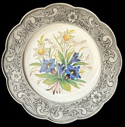 Fatto A Mano Hand Painted Porcelain Plate In Detailed Pewter Frame, 11' Diam.
